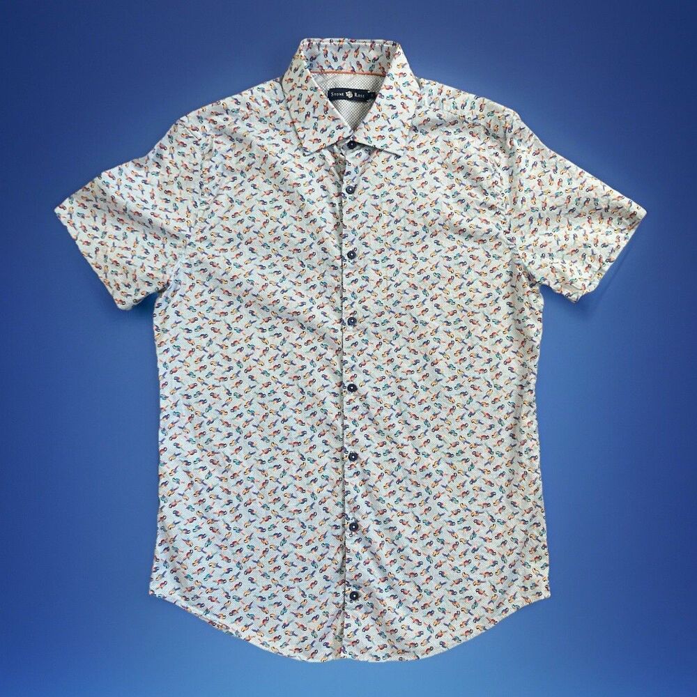 Stone Rose Men Size Small Blue Parrot Print Cotton Short Sleeve Casual Shirt